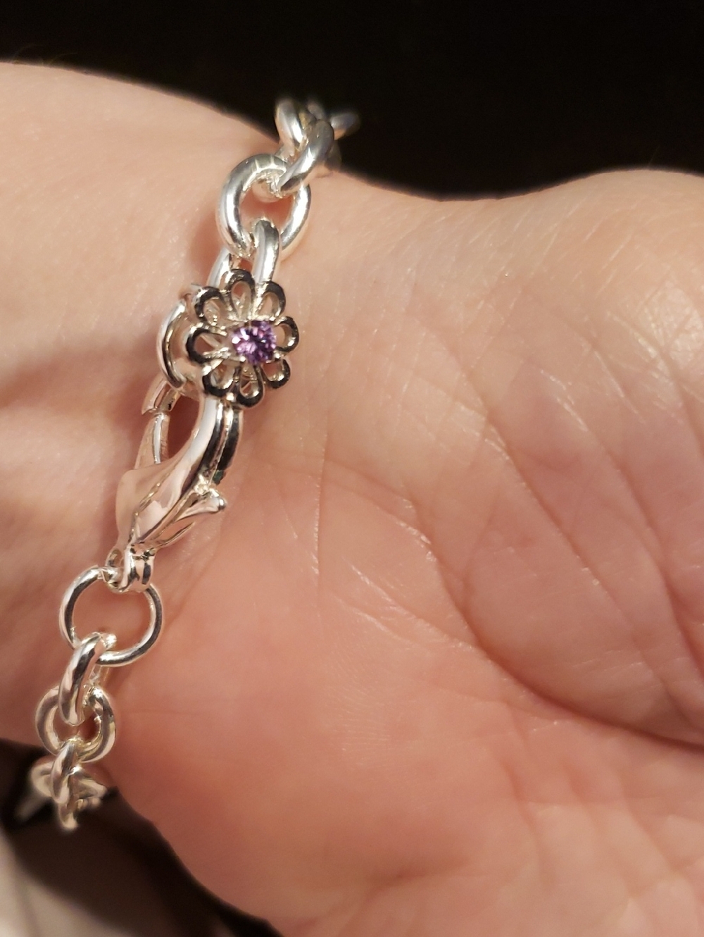 Sterling Chain Link Bracelet /silver Amethyst Flower Charm. 925 Sterling Stamped